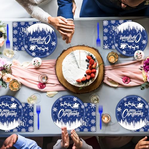 200Pcs Blue Christmas Plates Napkins Tableware Set for 50 Guests