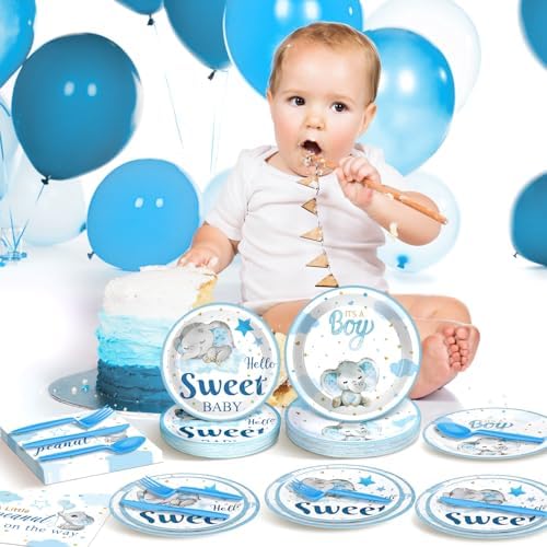 Havawish Blue Elephant Baby Shower Plates and Napkins Set