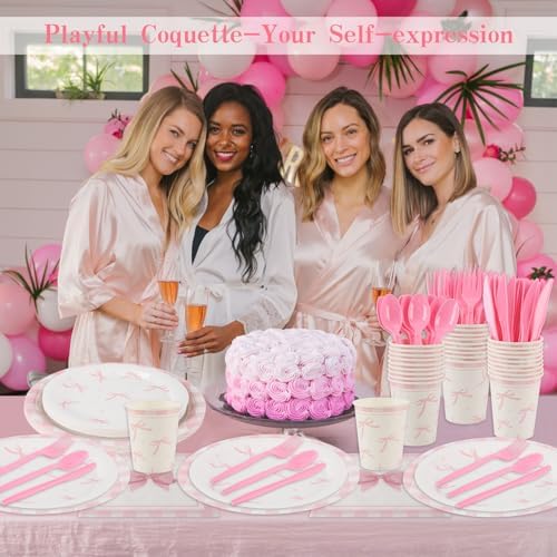 Coquette Pink Bow Party Tableware Set 210 Pcs