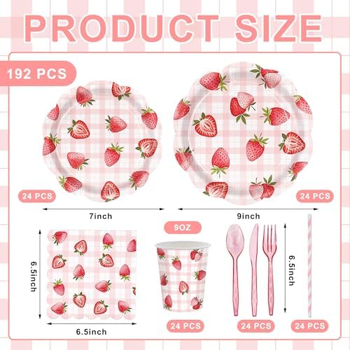 Strawberry Party Tableware Set 24 Guest Disposable Plates Cups Straws