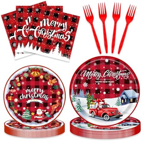 96PCS Christmas Paper Plates and Napkins Set for 24 Guests