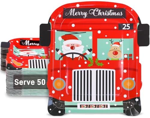 BFUN Santa Claus Bus Christmas Paper Plates 50 Count
