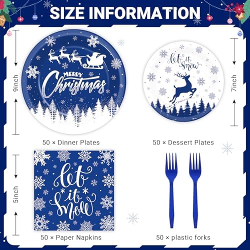200Pcs Blue Christmas Plates Napkins Tableware Set for 50 Guests