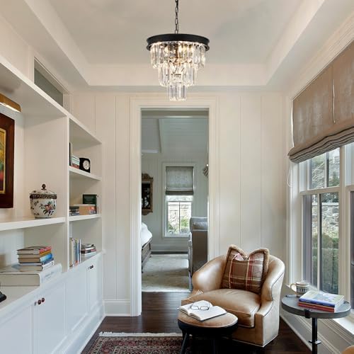 Modern Black Crystal Chandelier 3-Tier Dining Room Light Fixture