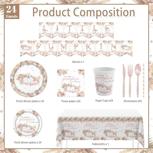MEHOFOND Little Pumpkin Baby Shower Decor Tableware Set 194 Pcs