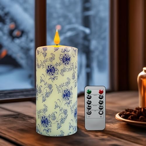 Flameless Pillar Candle with Remote Control 6 Inch Blue and Flower Design