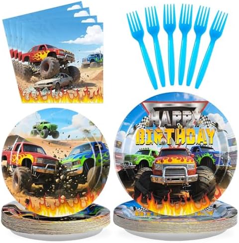 Grencian 96Pcs Monster Truck Party Plates and Napkins for Kids