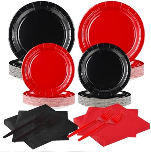 200 Pcs Red Black Party Plates Napkins and Forks Set