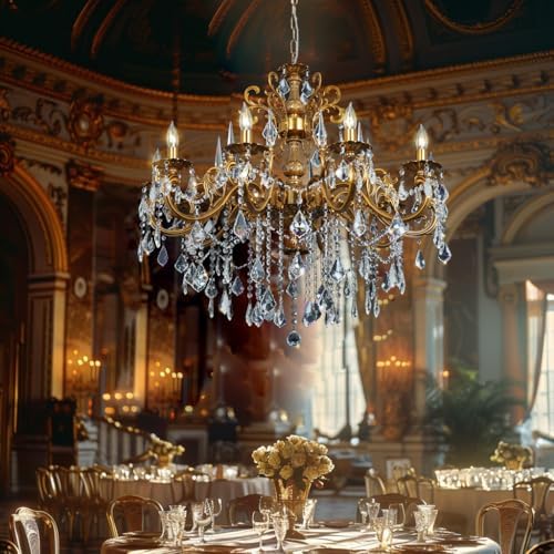 Antique Bronze Gold Crystal 10-Light Chandelier