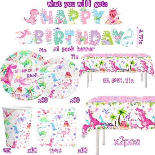Pink Dinosaur Birthday Decorations Plates Cups Napkins Set