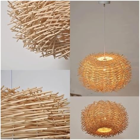 Style Rattan Cage Chandelier Woven Beige Wicker Rustic Pendant Light