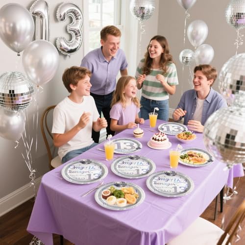 Grencian 96Pcs Silver Disco Iridescent 13th Birthday Plates and Napkins Set