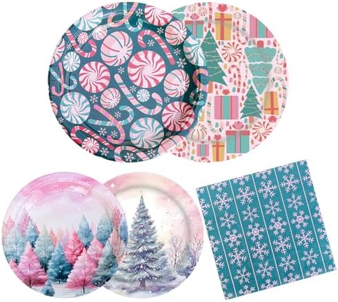 120 Pcs Pink Christmas Party Plates with Napkins