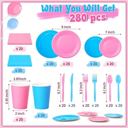 Dandat 280 Piece Pink Blue Paper Plates Napkins Set