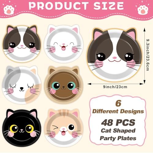 ZOIIWA 48Pcs Cat Shaped Paper Plates Birthday Party Set
