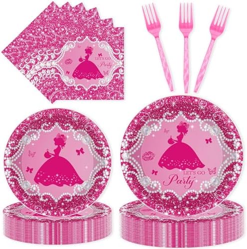 96Pcs Princess Party Plates Napkins Set for 24 Guests