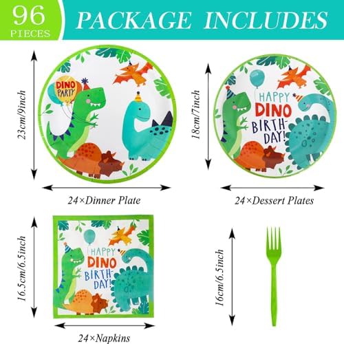 96 Pcs Dinosaur Party Set for 24 Guests
