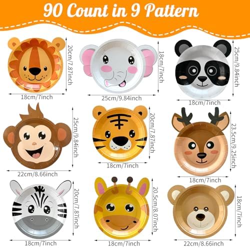90 Count Animal Shaped Paper Plates for Jungle Safari Parties
