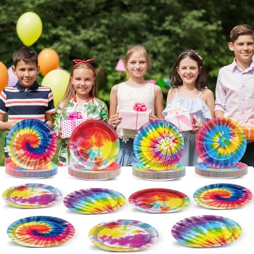 72PCS Rainbow Tie Dye Plates for 60s 70s Theme Party