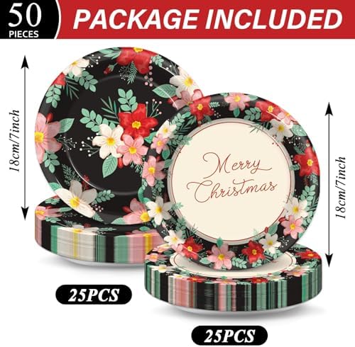 50Pcs Heavy Duty Christmas Floral Plates Set