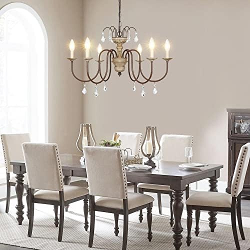 French Country 6-Light Wood Farmhouse Chandelier with Crystal Pendant