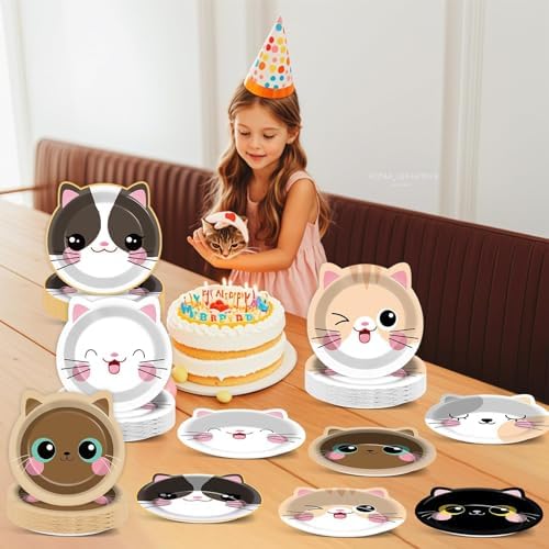 ZOIIWA 48Pcs Cat Shaped Paper Plates Birthday Party Set
