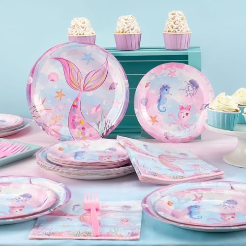 Wernnsai Mermaid Paper Plates - 100PCS Birthday Party Tableware for Kids