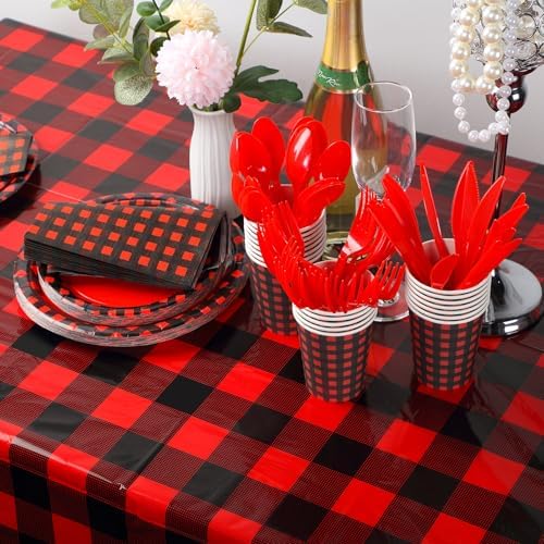 Oudain 162 Pcs Red Black Plaid Tableware Set