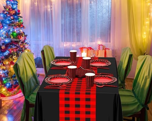 Oudain 162 Pcs Red Black Plaid Tableware Set