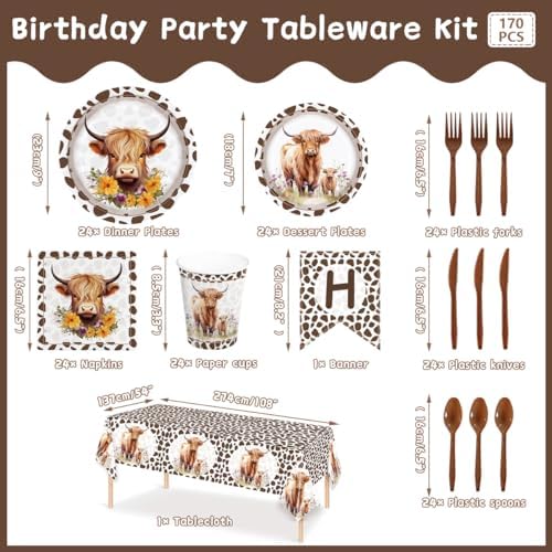 Highland Cow Themed Party Plates Napkins Set for Kids 24 Guests