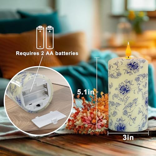 Flameless Pillar Candle 4 Blue and White Porcelain Design with Remote Control