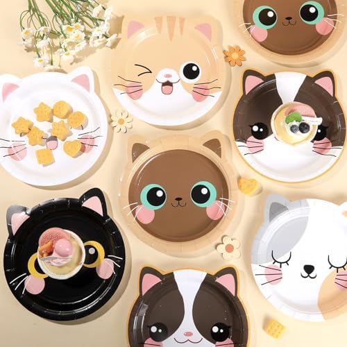ZOIIWA 48Pcs Cat Shaped Paper Plates Birthday Party Set