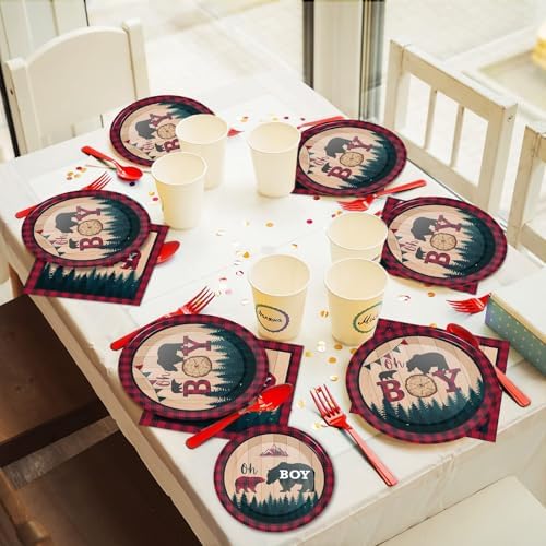 Buffalo Plaid 96 Pcs Party Plates Napkins Set for 24 Guests
