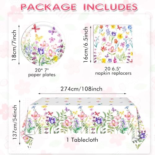 41 PCS Wildflower Party Decorations Floral Plates Napkins Tablecloth
