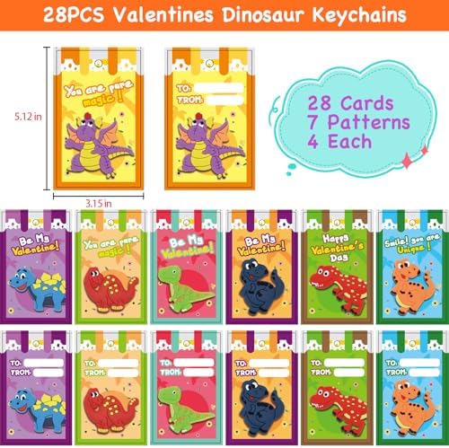 28 Pack Valentines Day Cards with Dinosaur Keychains