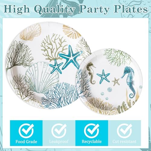 Ocean Seashell Themed Paper Plates Napkins Forks Set for 48 Guests