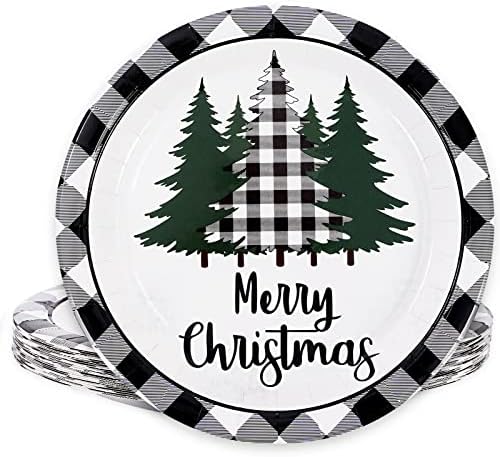 Whaline 24Pcs Christmas Paper Plates with Plaid Tree Design