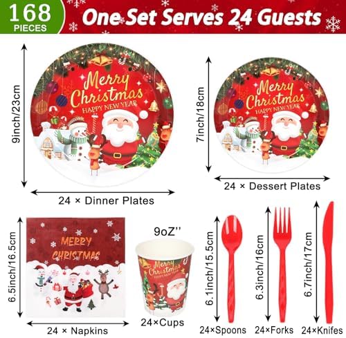 168 Pcs Christmas Paper Plates Napkins Set for 24 Guests