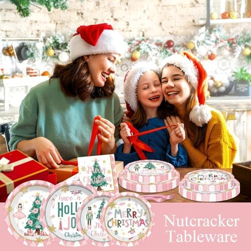 96pcs Christmas Nutcrackers Plates Napkins Set Pink