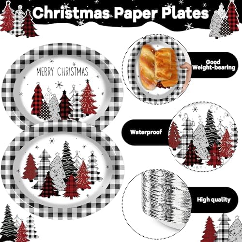 Wiooffen 100 PCS Christmas Oval Paper Plates 11 Inch Buffalo Plaid Party Supplies