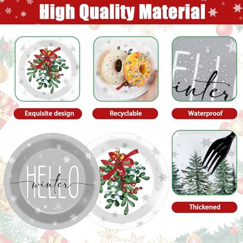48Pcs Grey Christmas Party Plates 7 for Winter Holiday