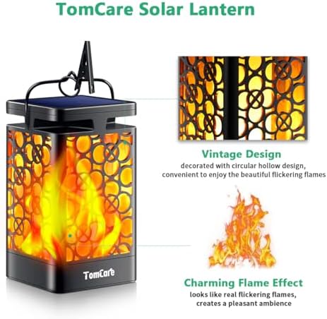 TomCare Solar Lanterns Outdoor 2 Pack Flickering Flame