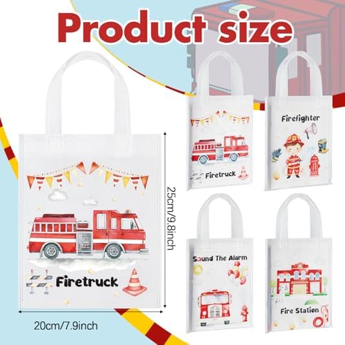 24 Pcs Watercolour Firetruck Party Favors Non Woven Bags with Handles