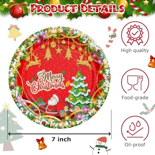 AFZMON 50 Pack 7 Inch Christmas Tree Themed Disposable Plates