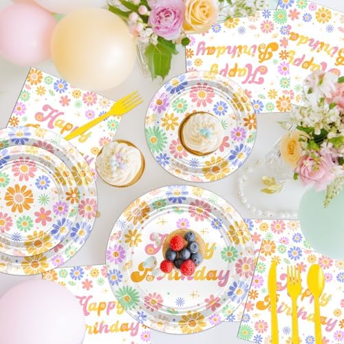 Avezano 168 PCS Daisy Birthday Decorations Plates Napkins Set