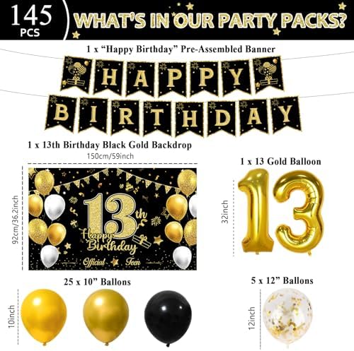 145 Pcs 13th Birthday Party Supplies for 24 Guests