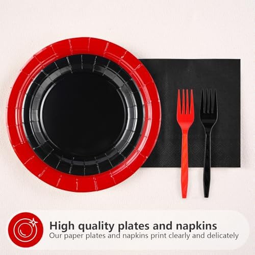 200 Pcs Red Black Party Plates Napkins and Forks Set