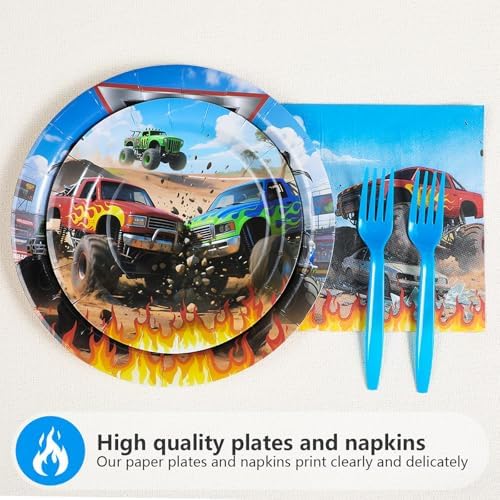 Grencian 96Pcs Monster Truck Party Plates and Napkins for Kids