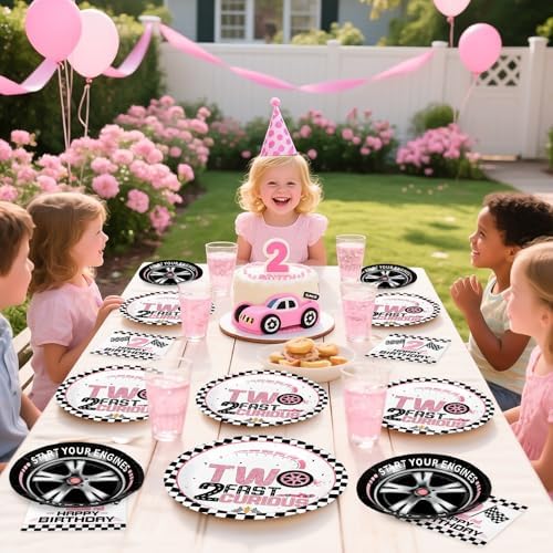 Grencian 96Pcs Pink Race Car Party Tableware Set for 2nd Birthday