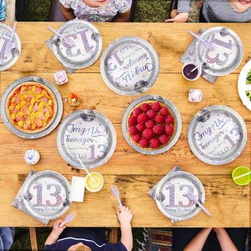 Grencian 96Pcs Silver Disco Iridescent 13th Birthday Plates and Napkins Set